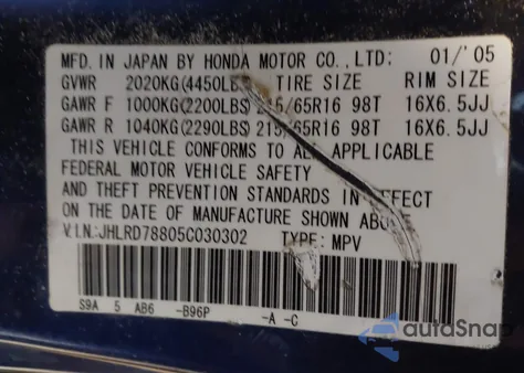2005 Honda Cr-V Ex z USA, uszkodzony, nr VIN JHLRD78805C030302